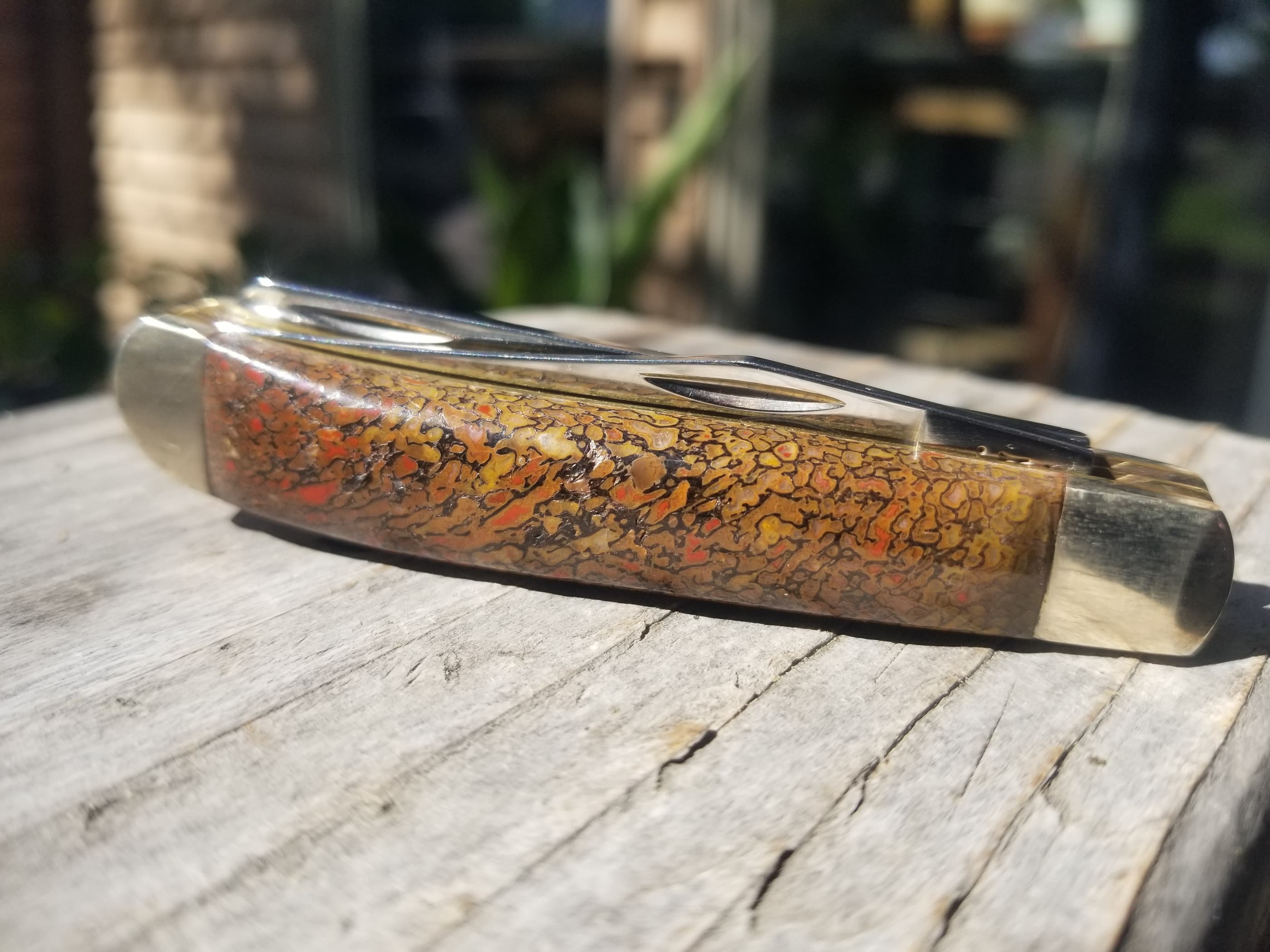 Awesome Red/Yellow Dinosaur Gem Bone Handle Folding Utility Knife - 3.5” Handle