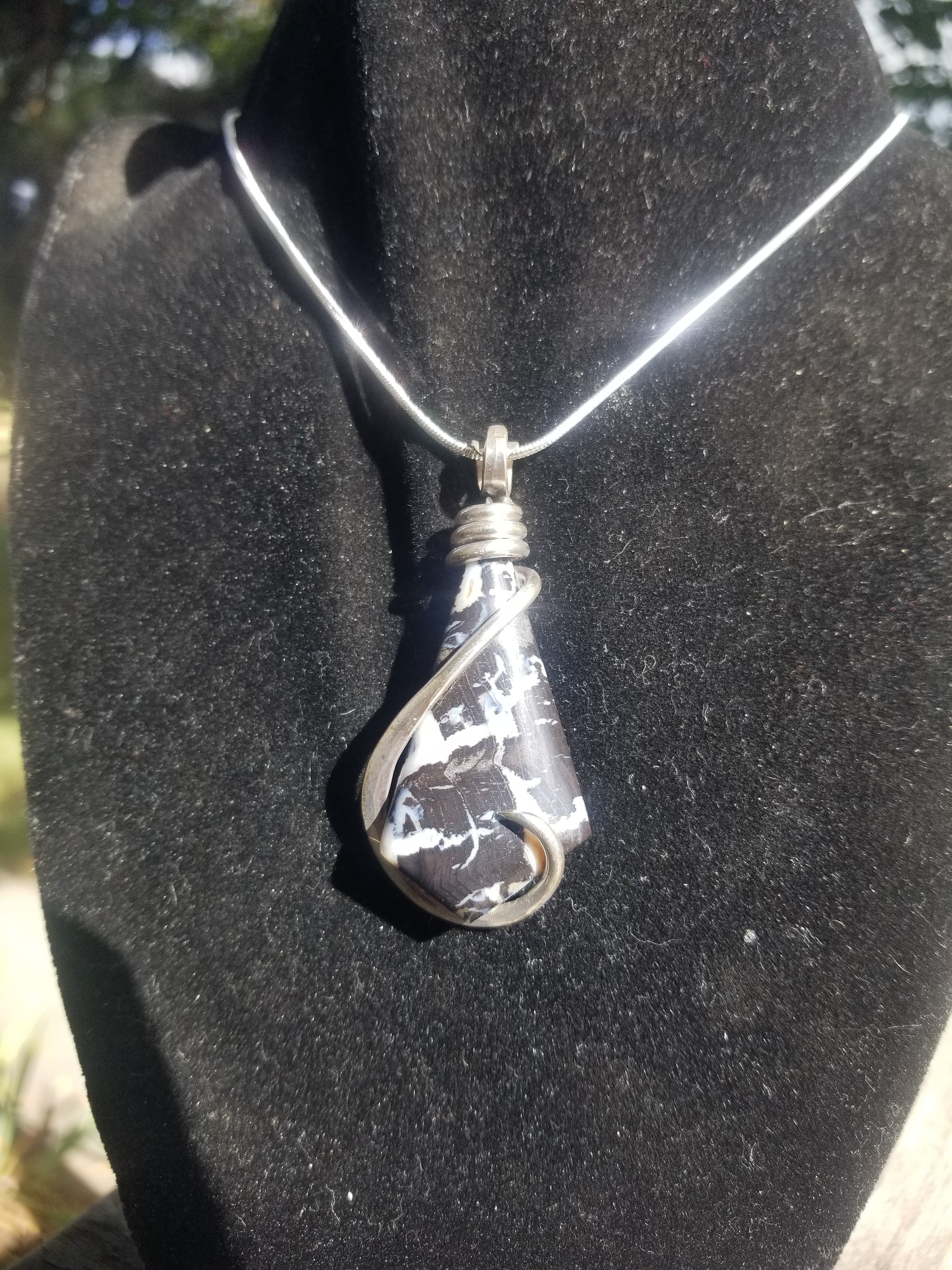 Beautiful Blue Forest Petrified Wood Pendant Sterling Silver Hand Crafted Local Artisan Wire Wrap