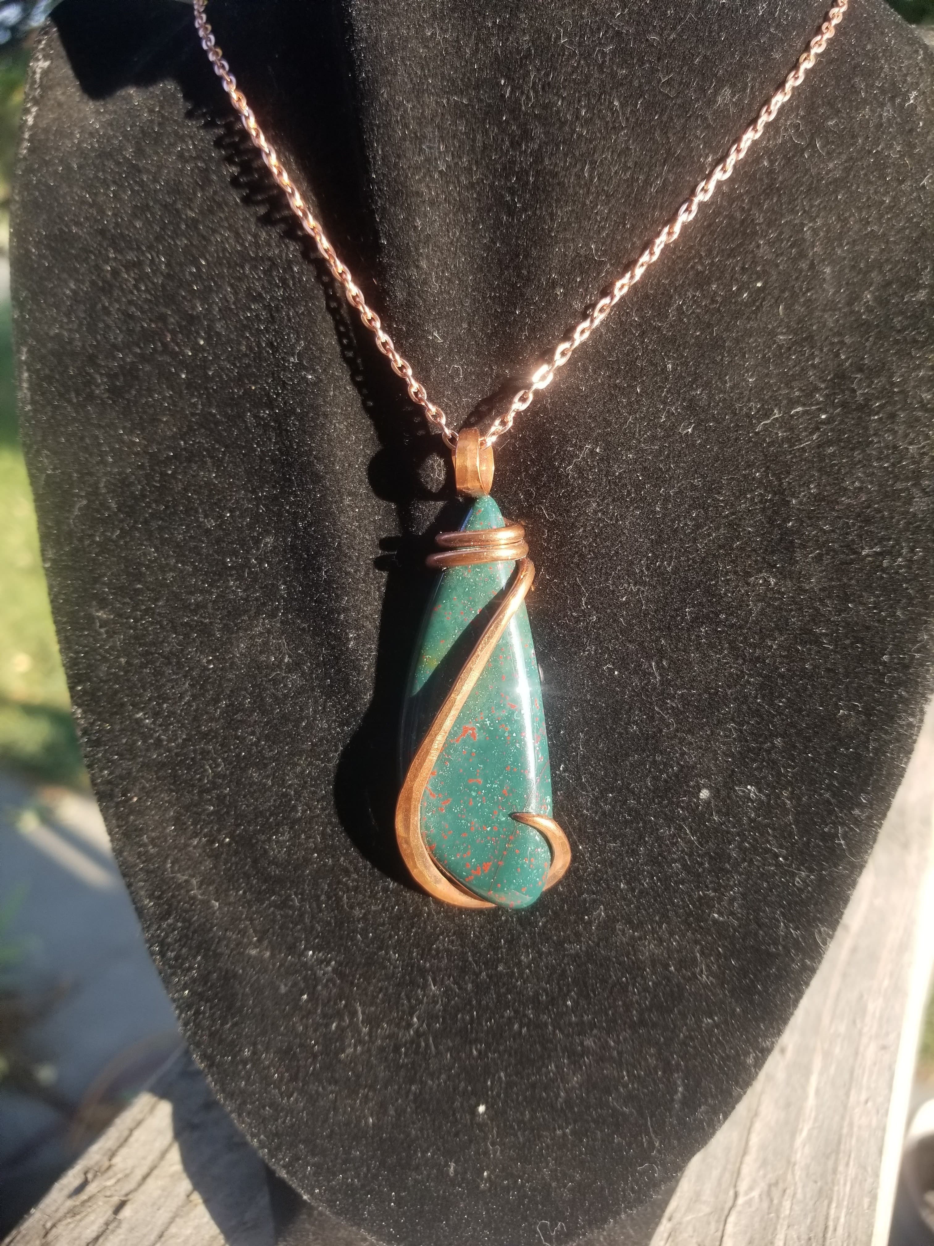 Beautiful Bloodstone Jasper (Heliotrope) Pendant Hand Crafted Local Artisan Unique Copper Wrap