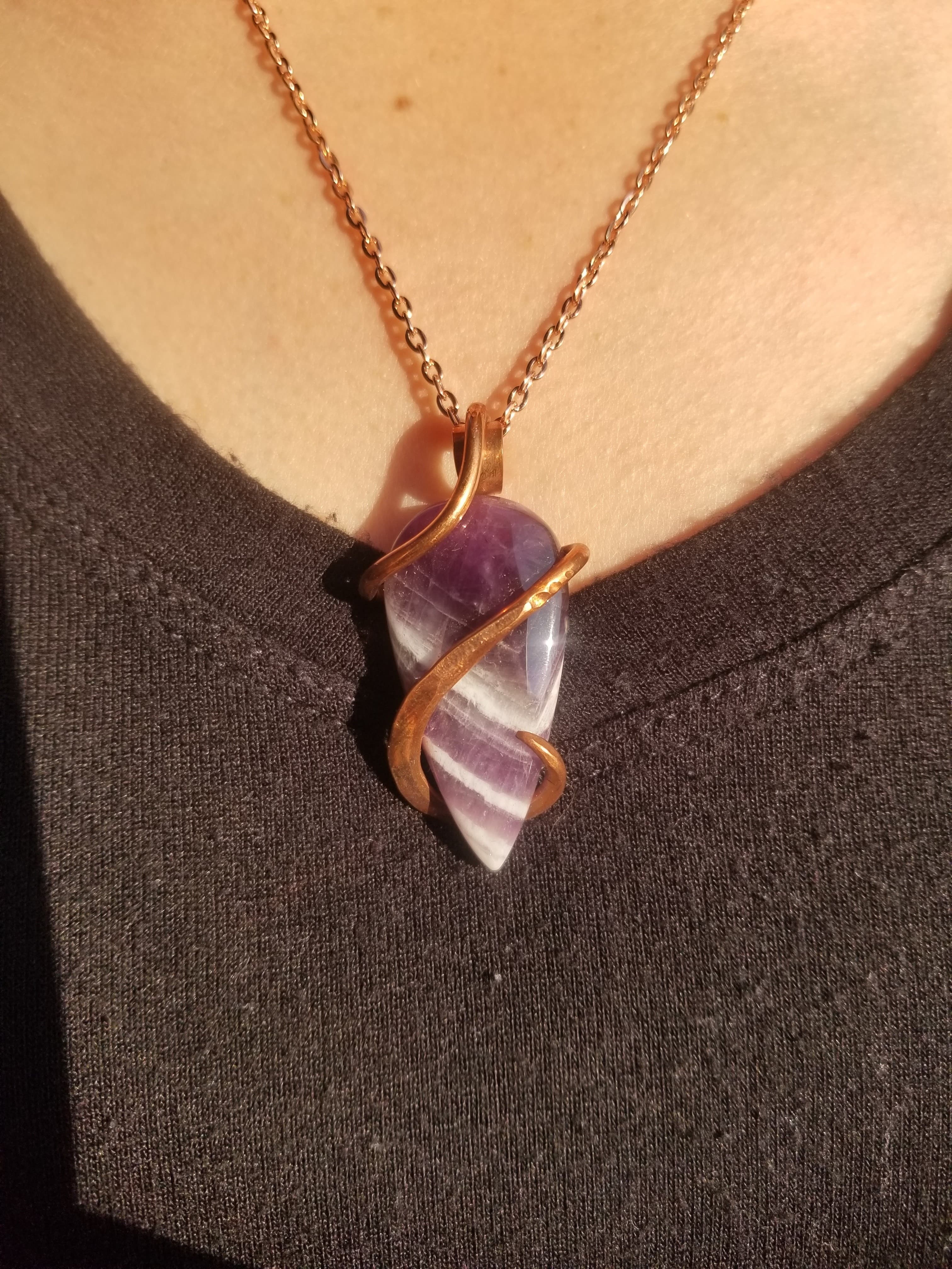 Beautiful Chevron Amethyst Pendant Hand Crafted Local Artisan Unique Copper Wrap