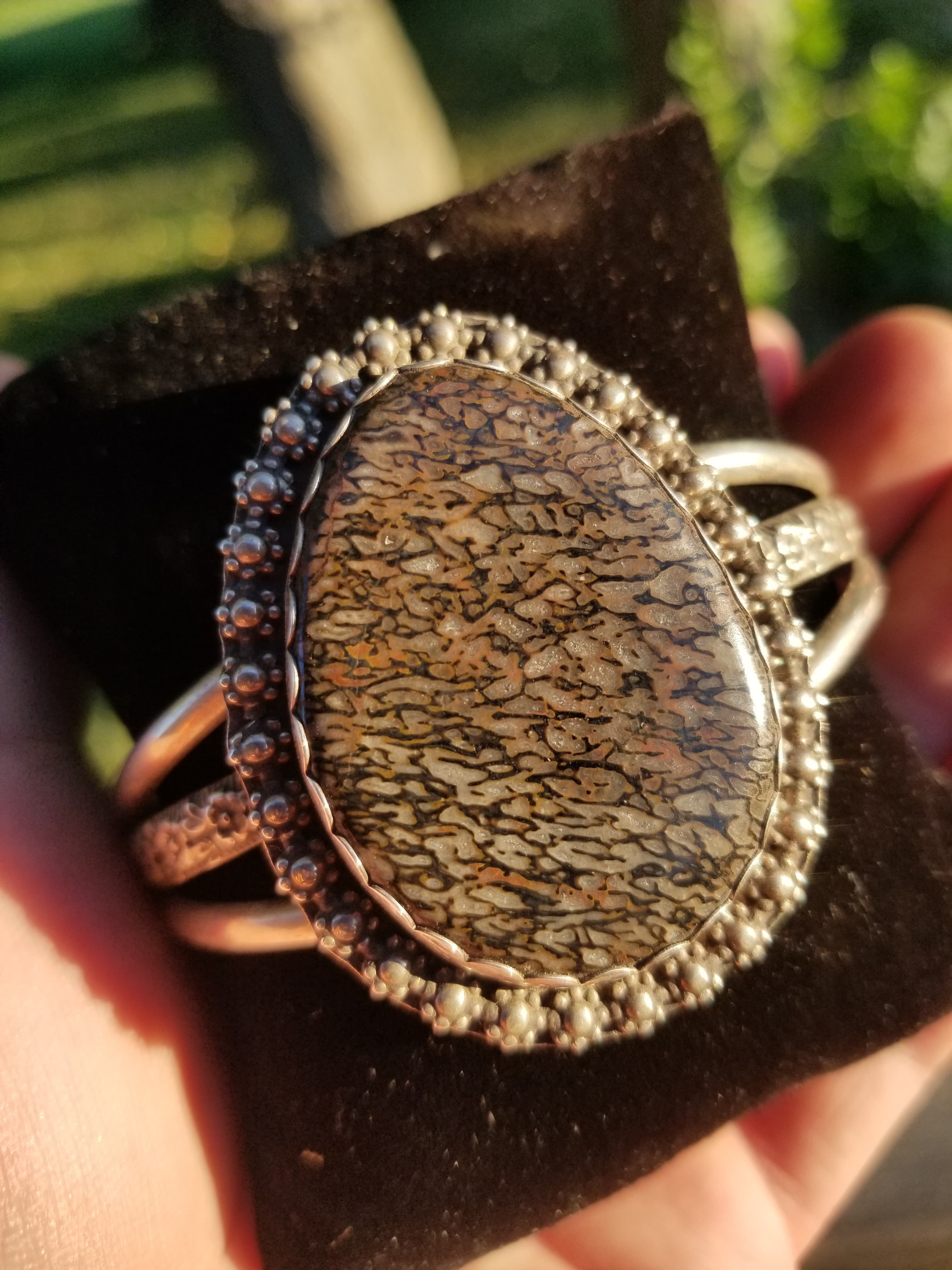 Beautiful Polished Agatized Dinosaur Gem Bone Cuff Bracelet Sterling Silver Handmade Local Artisan