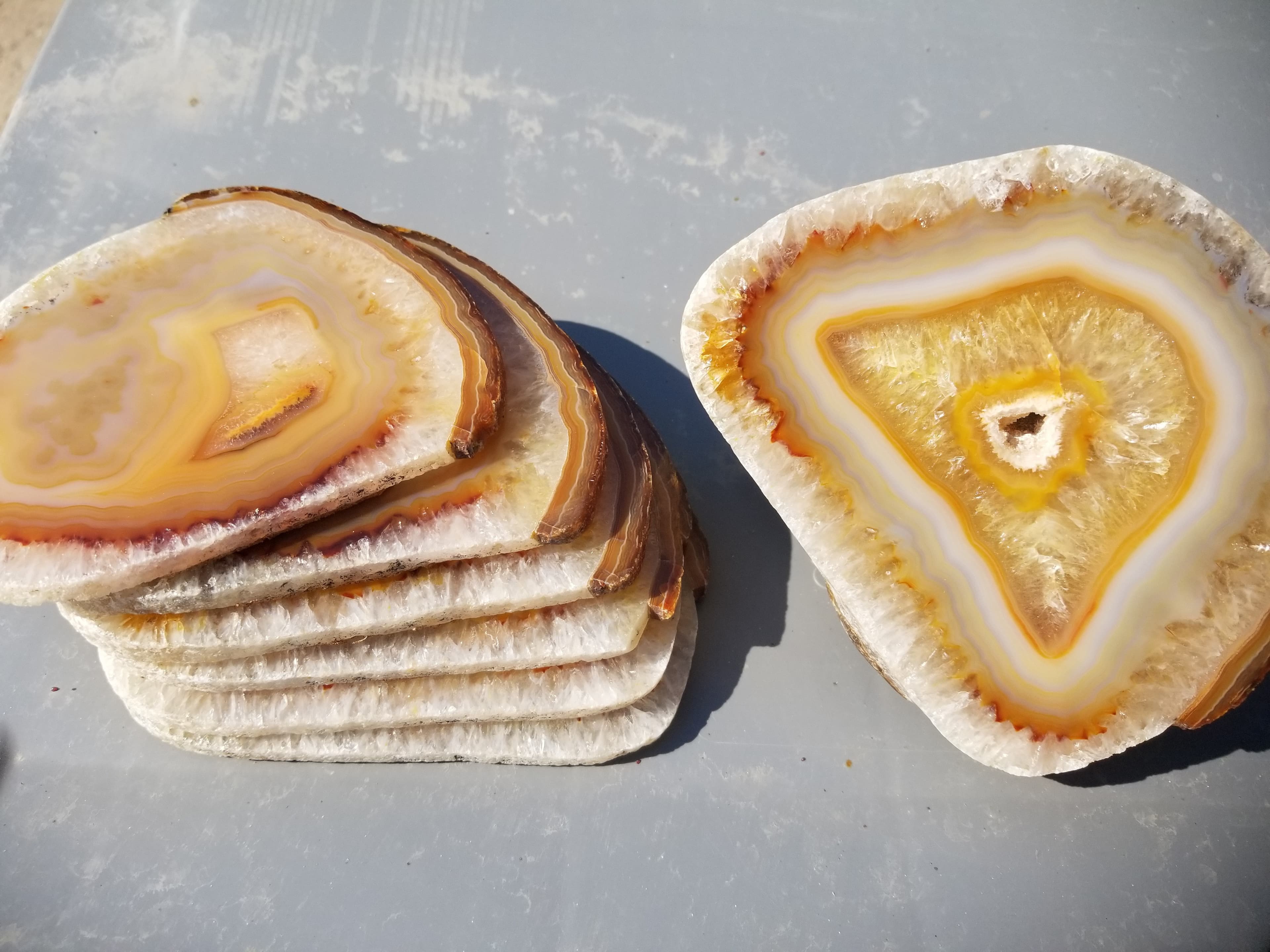 Beautiful Polished Brazil Agate 7 Piece Set From Same Mother Stone - 6 Coasters & Matching Display Piece 6.75Lbs