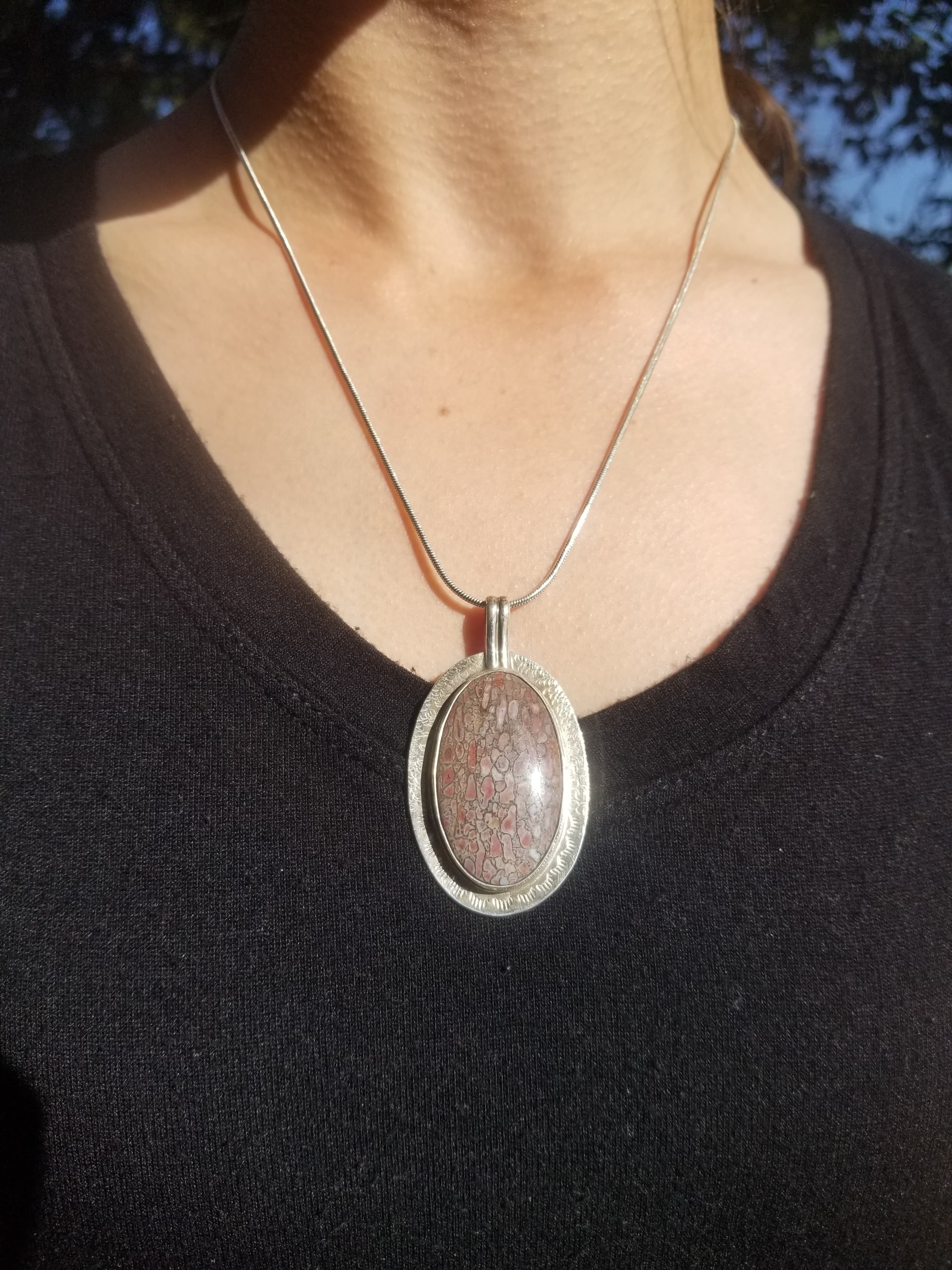 Incredible Agatized Dinosaur Gem Bone Custom Handmade Silver Pendant Artisan Jewelry - 2.25” x 1.25”