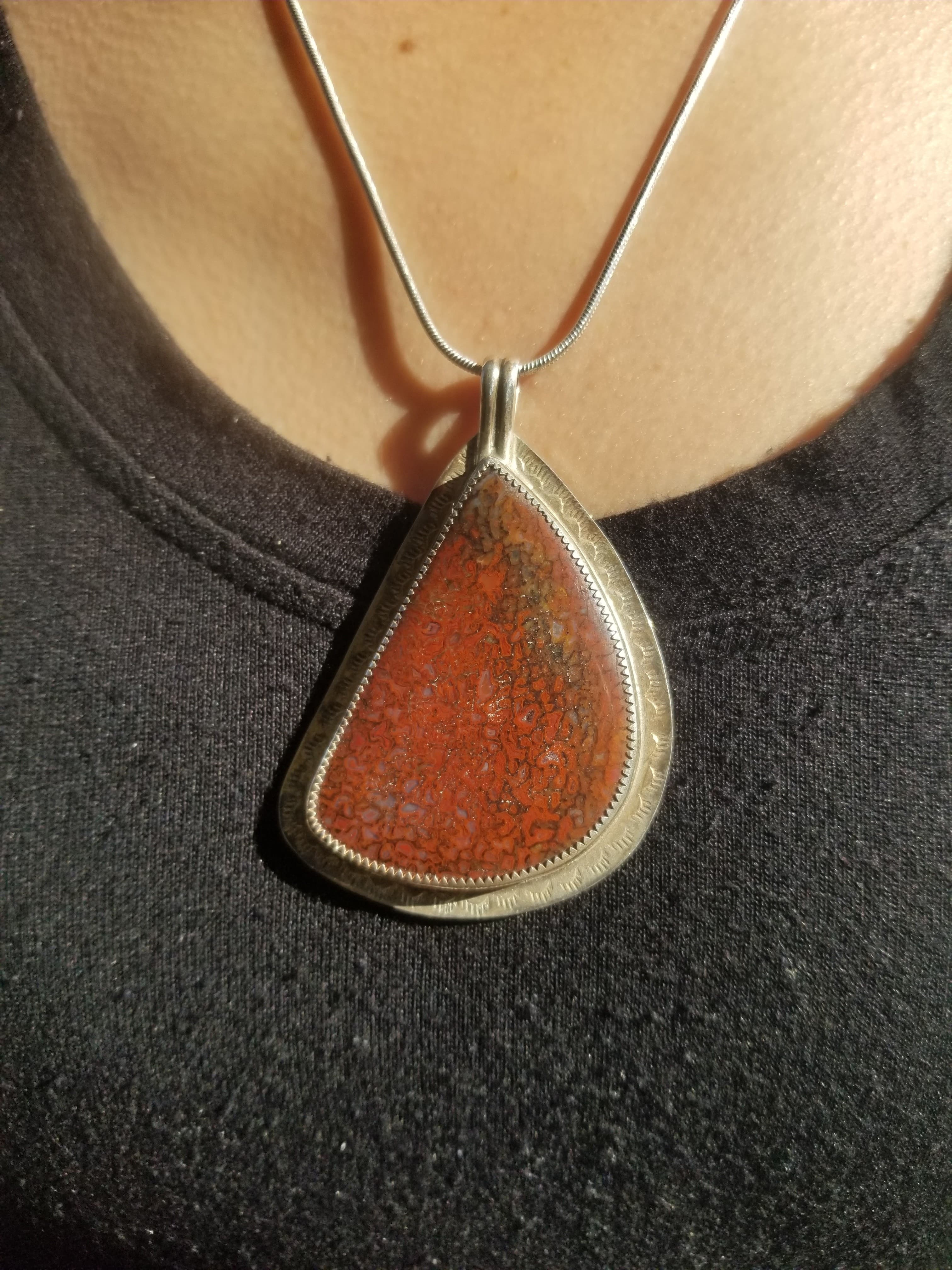 Incredible Agatized Dinosaur Gem Bone Custom Handmade Silver Pendant Artisan Jewelry - 2.5” x 1.5”