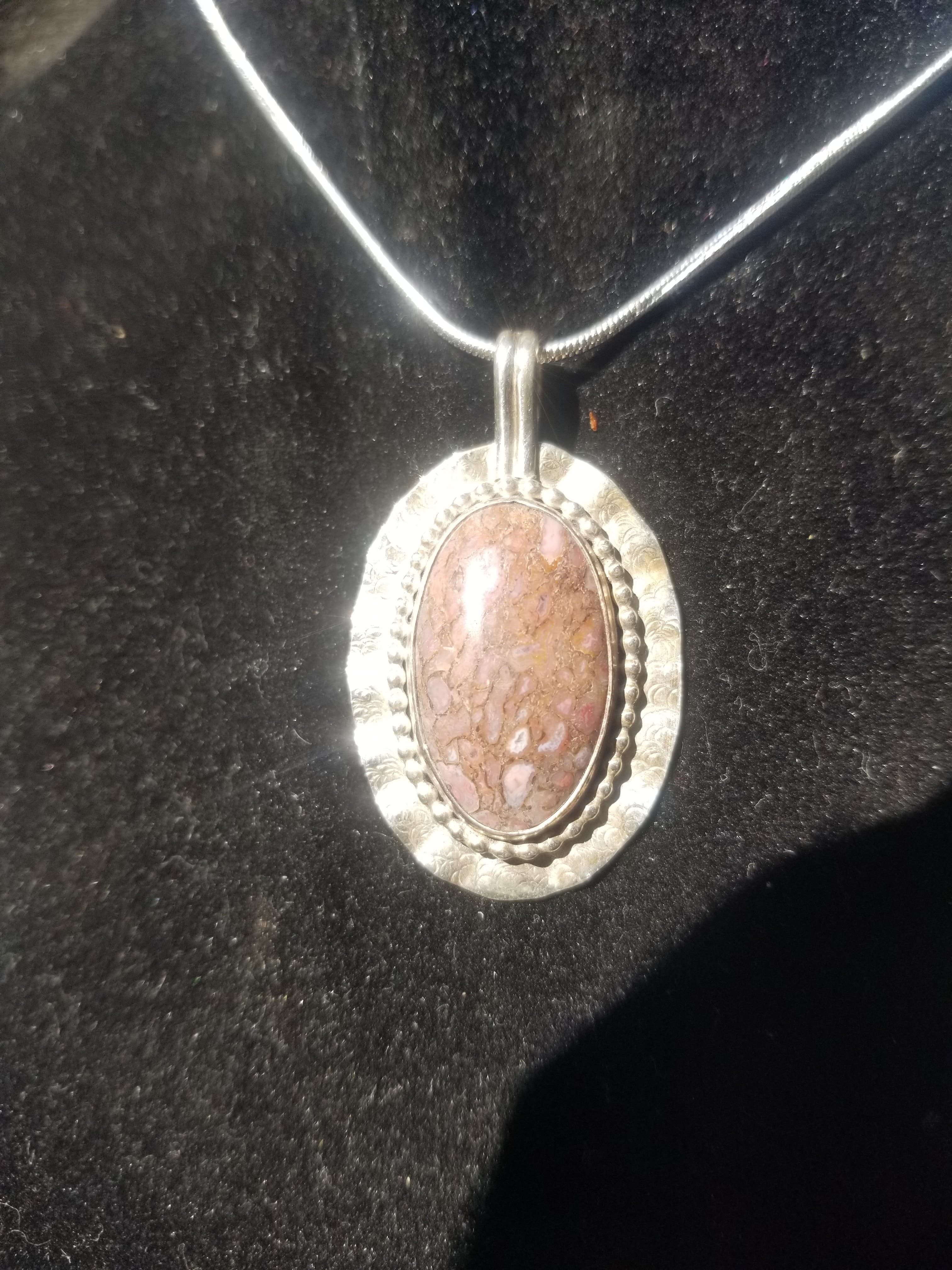 Incredible Agatized Dinosaur Gem Bone Custom Handmade Silver Pendant Artisan Jewelry - 1.75” x 1”