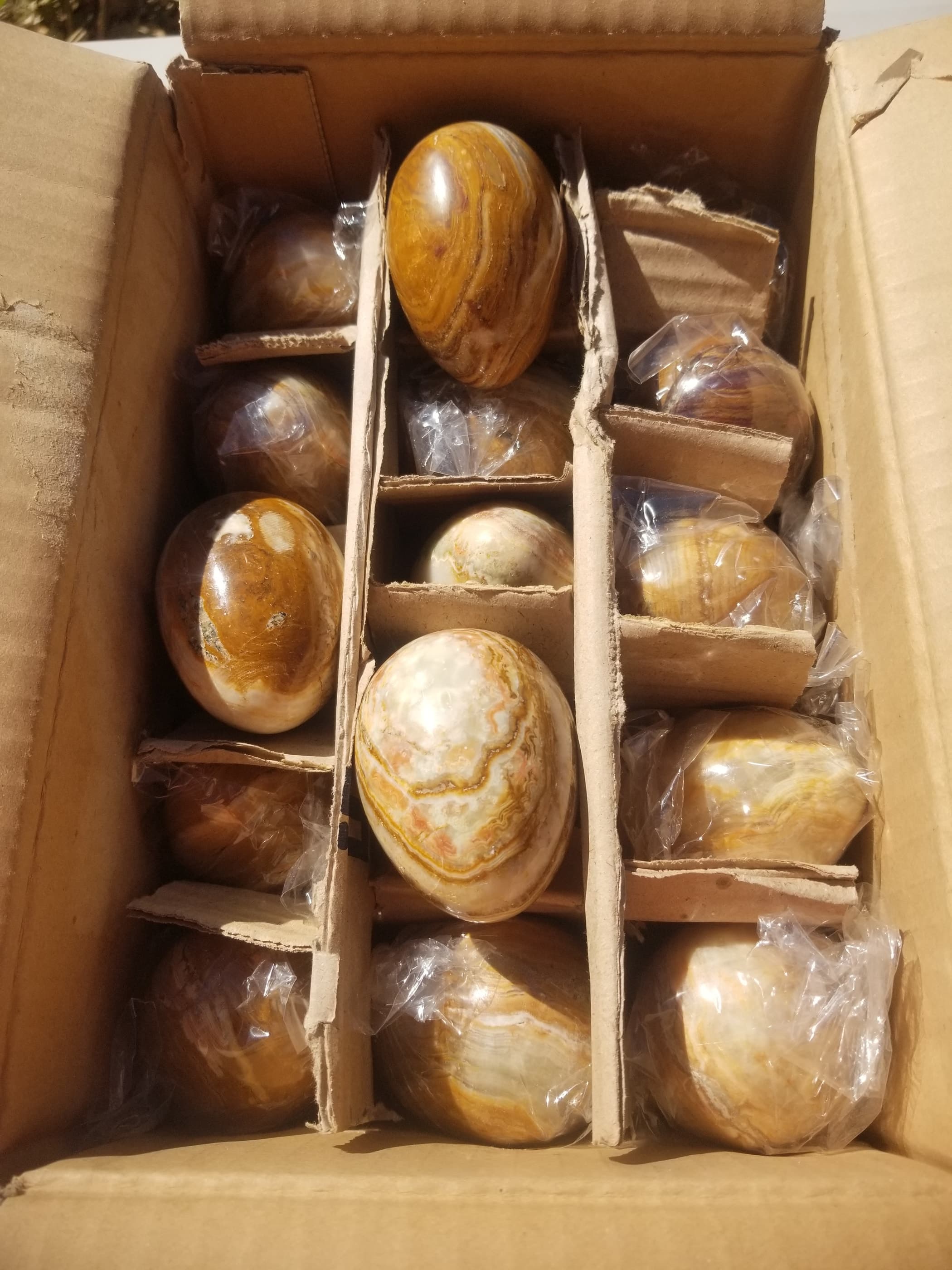 *Wholesale - Polished Onyx Egg Box 30pc 18Lb Green Calcite 2x3" Eggs