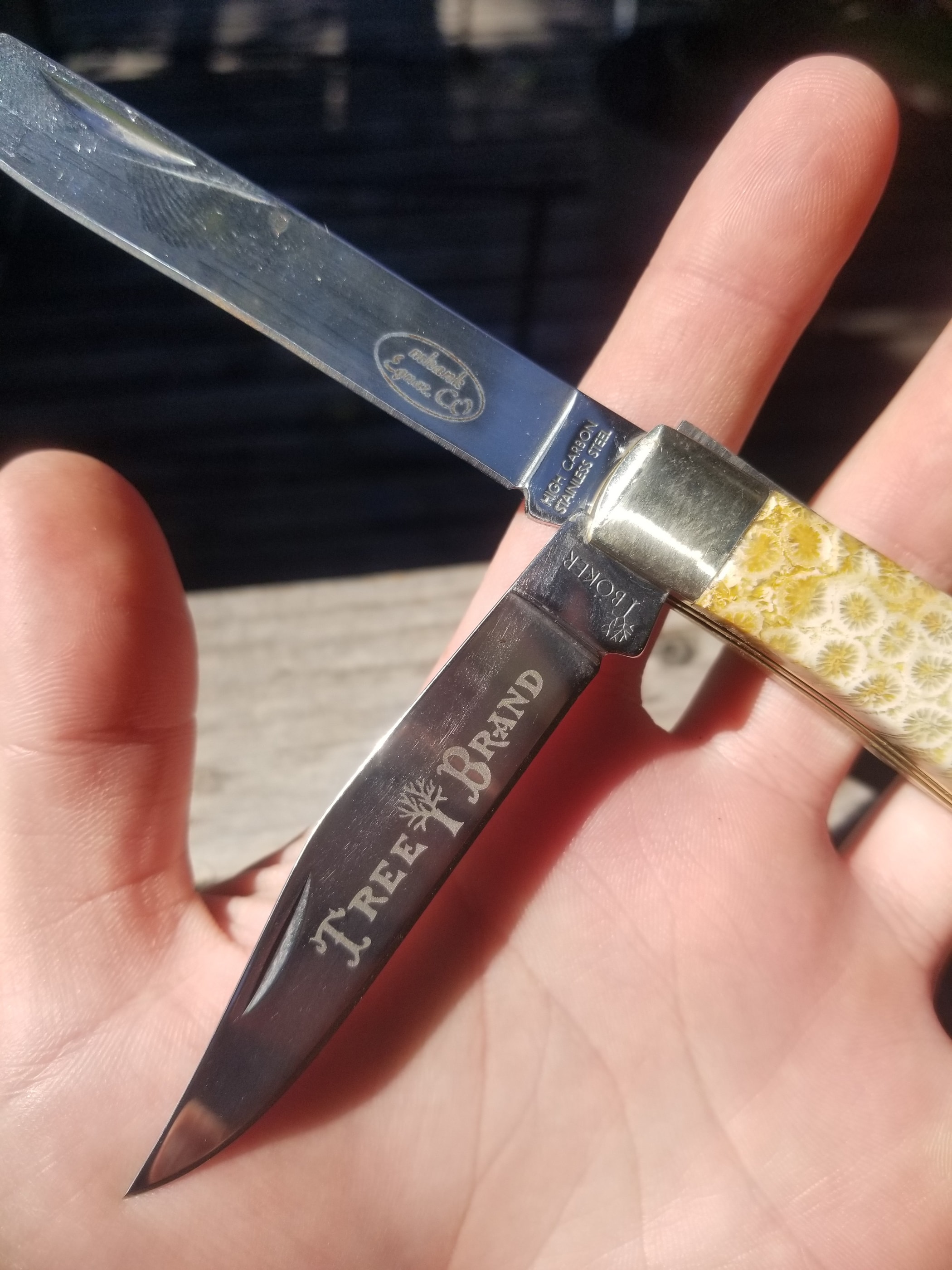 Agatized Fossilized Coral Handle Folding Utility Pocket Knife - 4” Handle