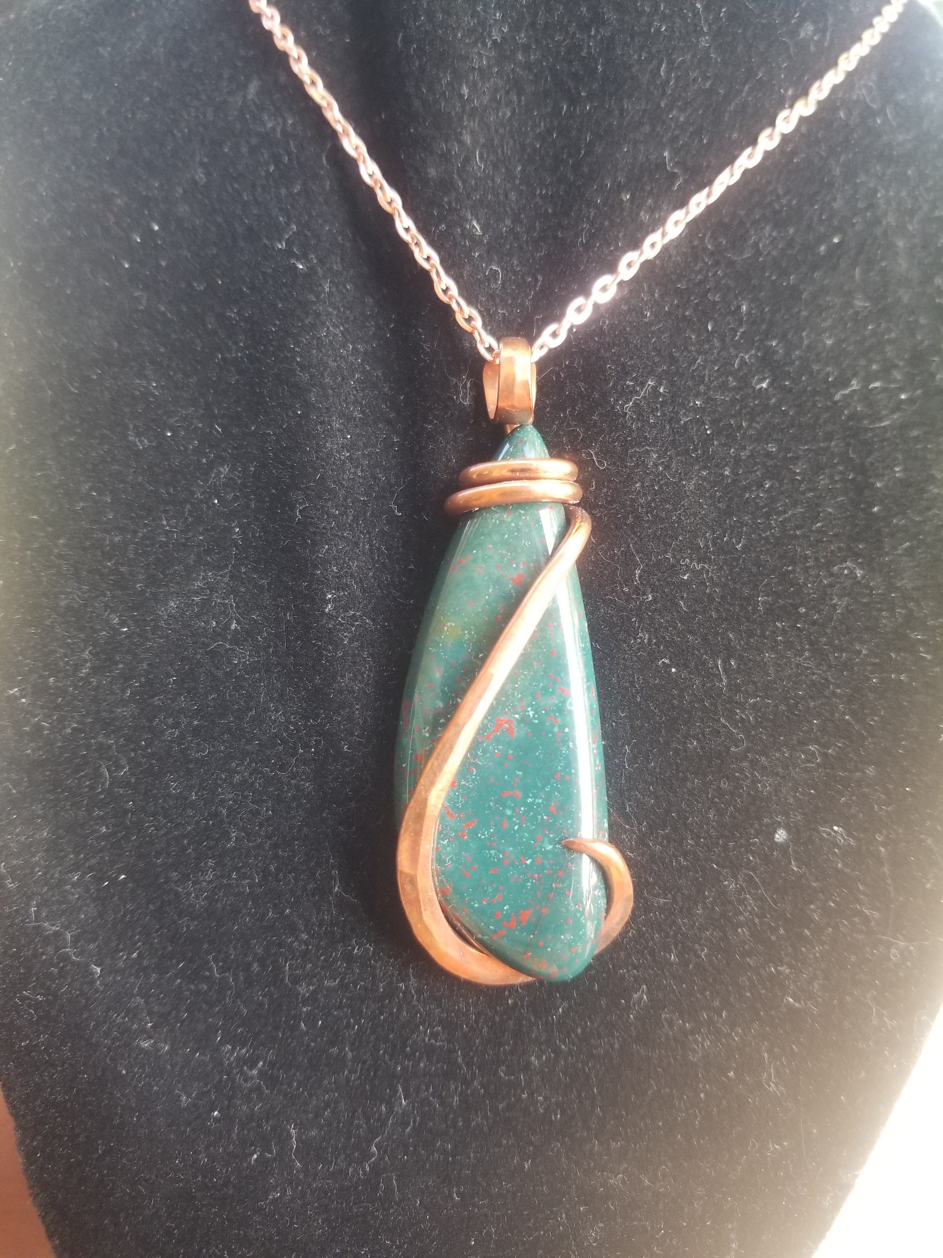 Beautiful Bloodstone Jasper (Heliotrope) Pendant Hand Crafted Local Artisan Unique Copper Wrap