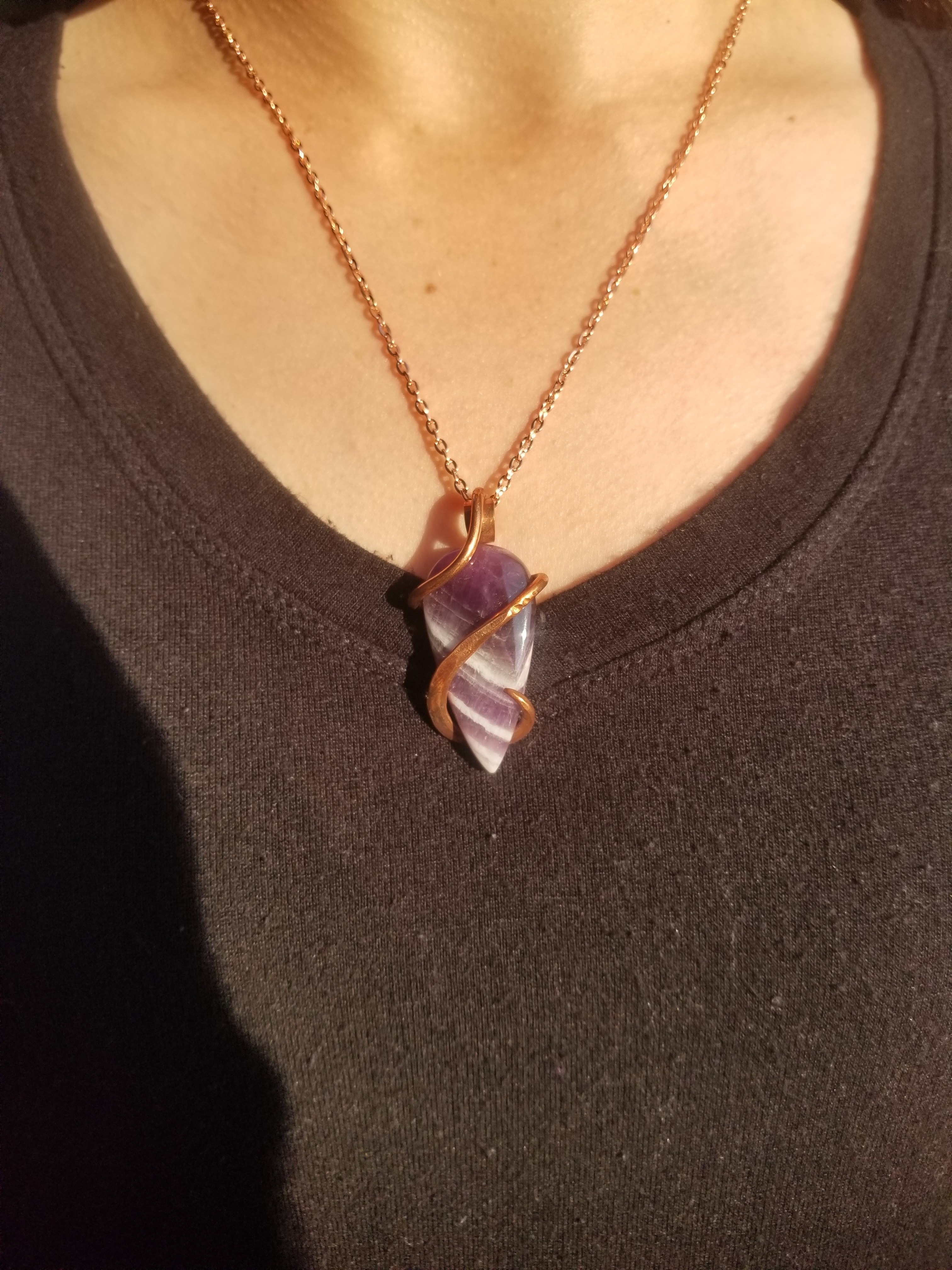 Beautiful Chevron Amethyst Pendant Hand Crafted Local Artisan Unique Copper Wrap