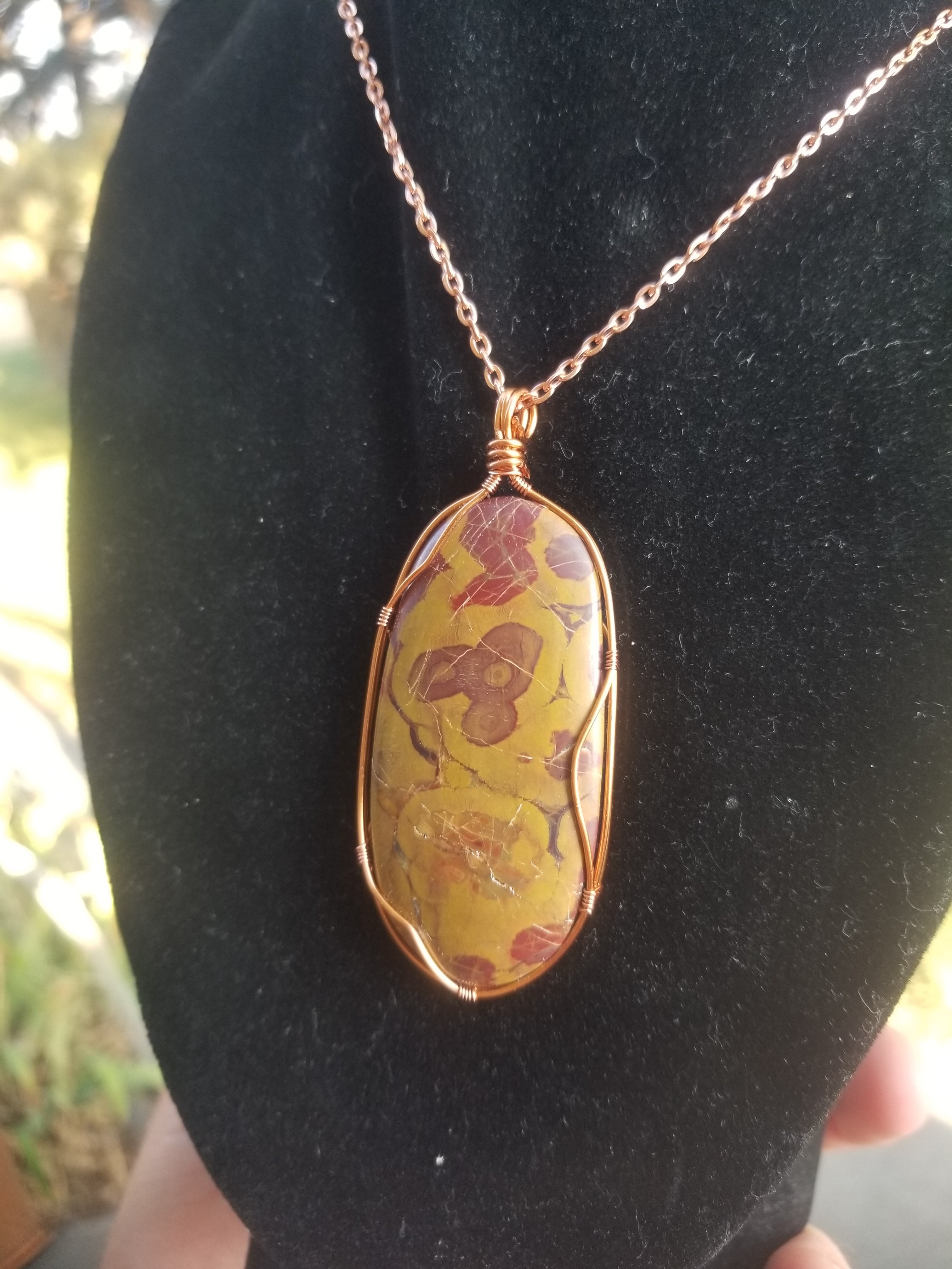 Beautiful Poppy Jasper Pendant Yellow/Red Hand Crafted Local Artisan Copper Wrap - Old Stock Cabochon