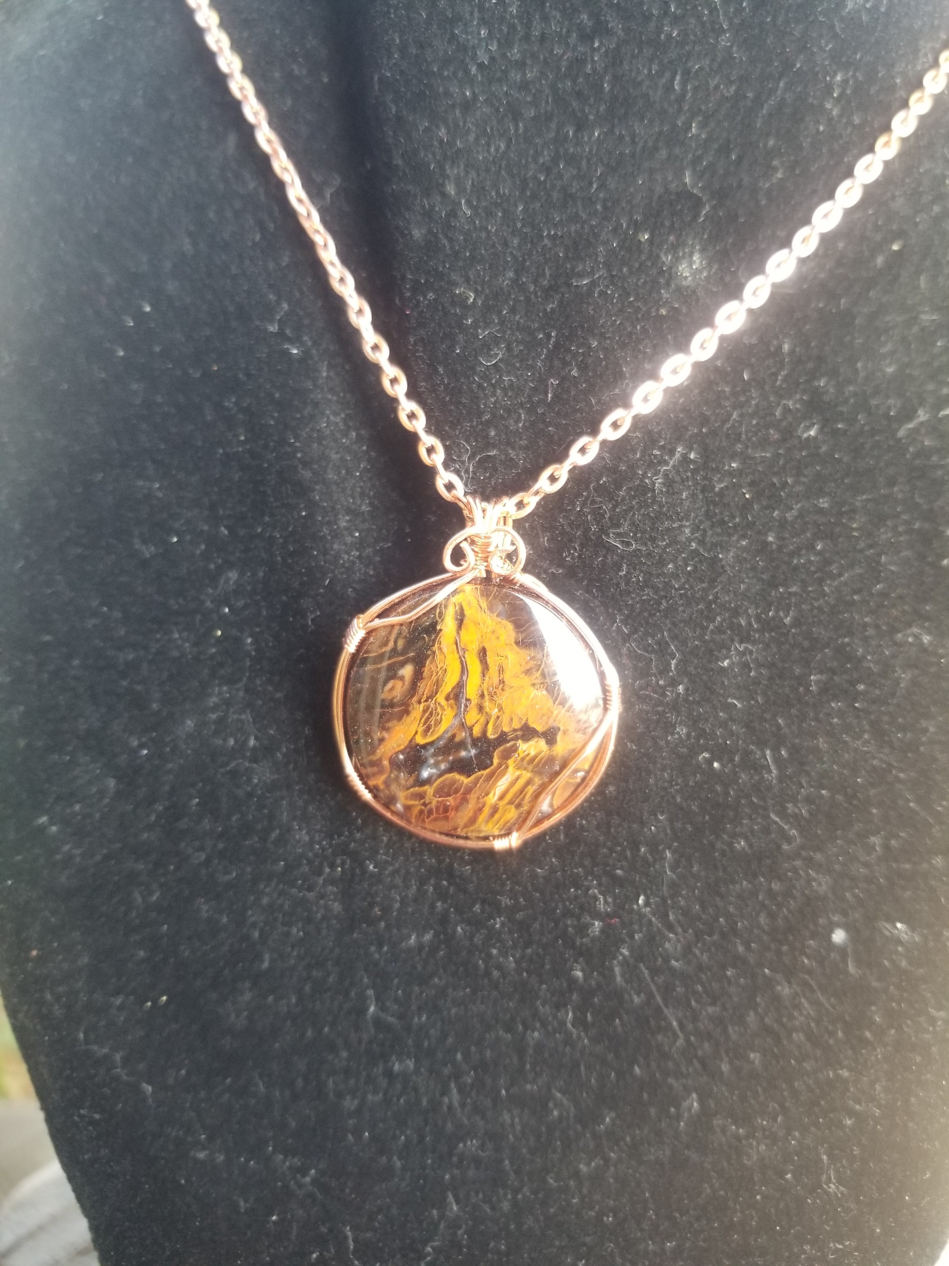 Beautiful Petrified Wood Pendant Hand Crafted Local Artisan Copper Wrap - Old Stock Cabochon