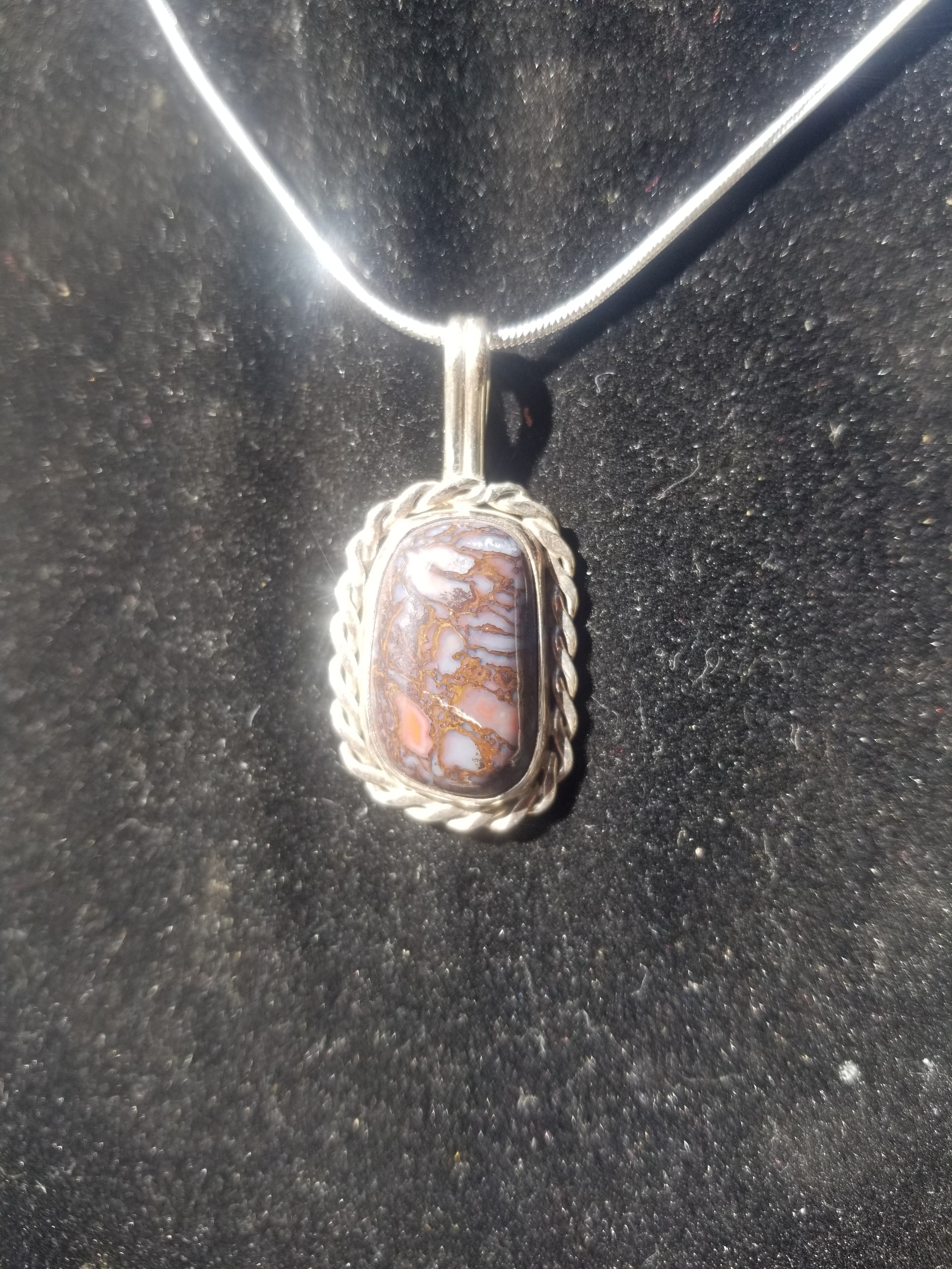 Incredible Agatized Dinosaur Gem Bone Custom Handmade Silver Pendant Artisan Jewelry - 1.5” x 0.75”