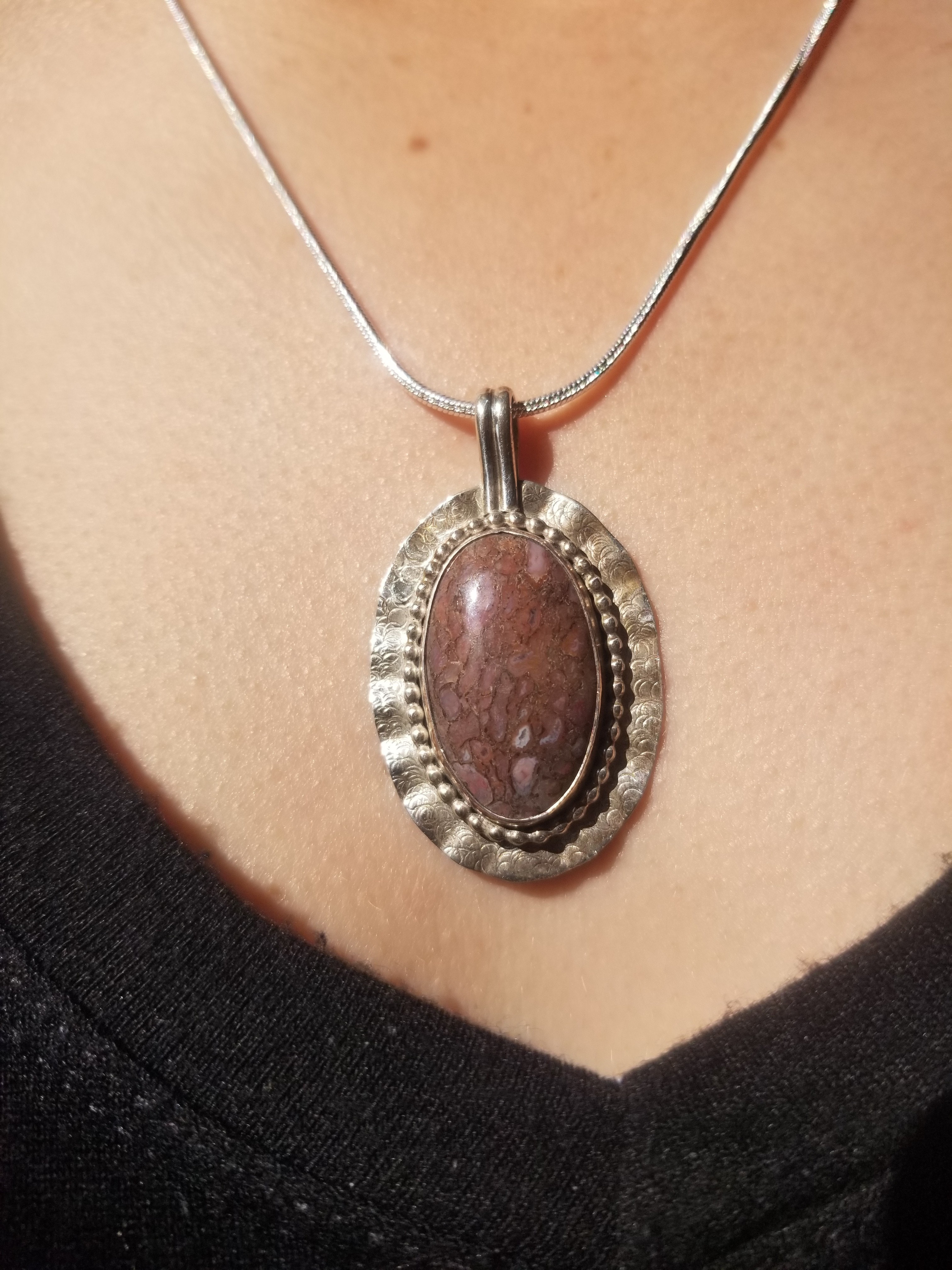 Incredible Agatized Dinosaur Gem Bone Custom Handmade Silver Pendant Artisan Jewelry - 1.75” x 1”