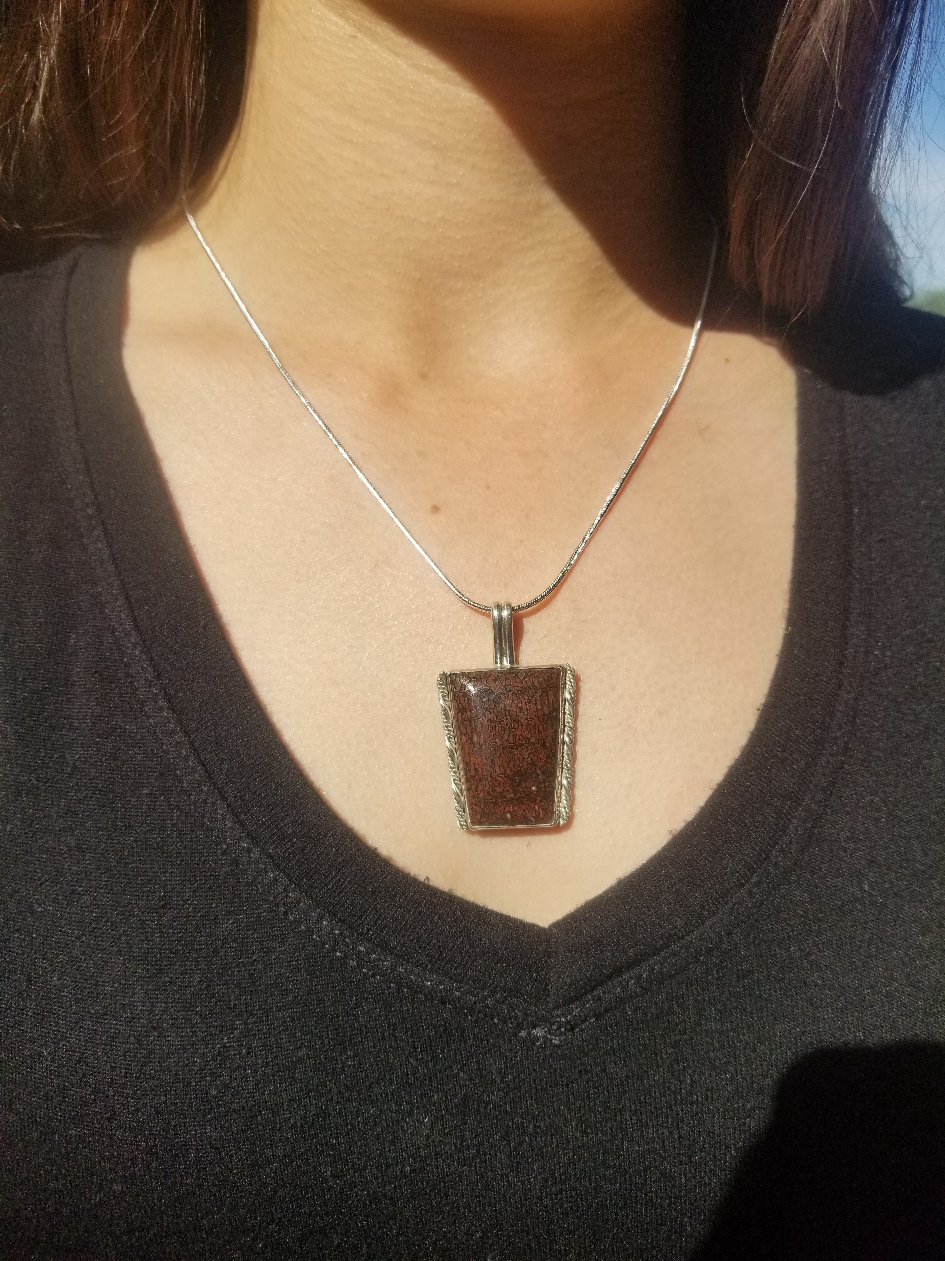 Incredible Agatized Dinosaur Gem Bone Custom Handmade Silver Pendant Artisan Jewelry - 1.75” x 1”