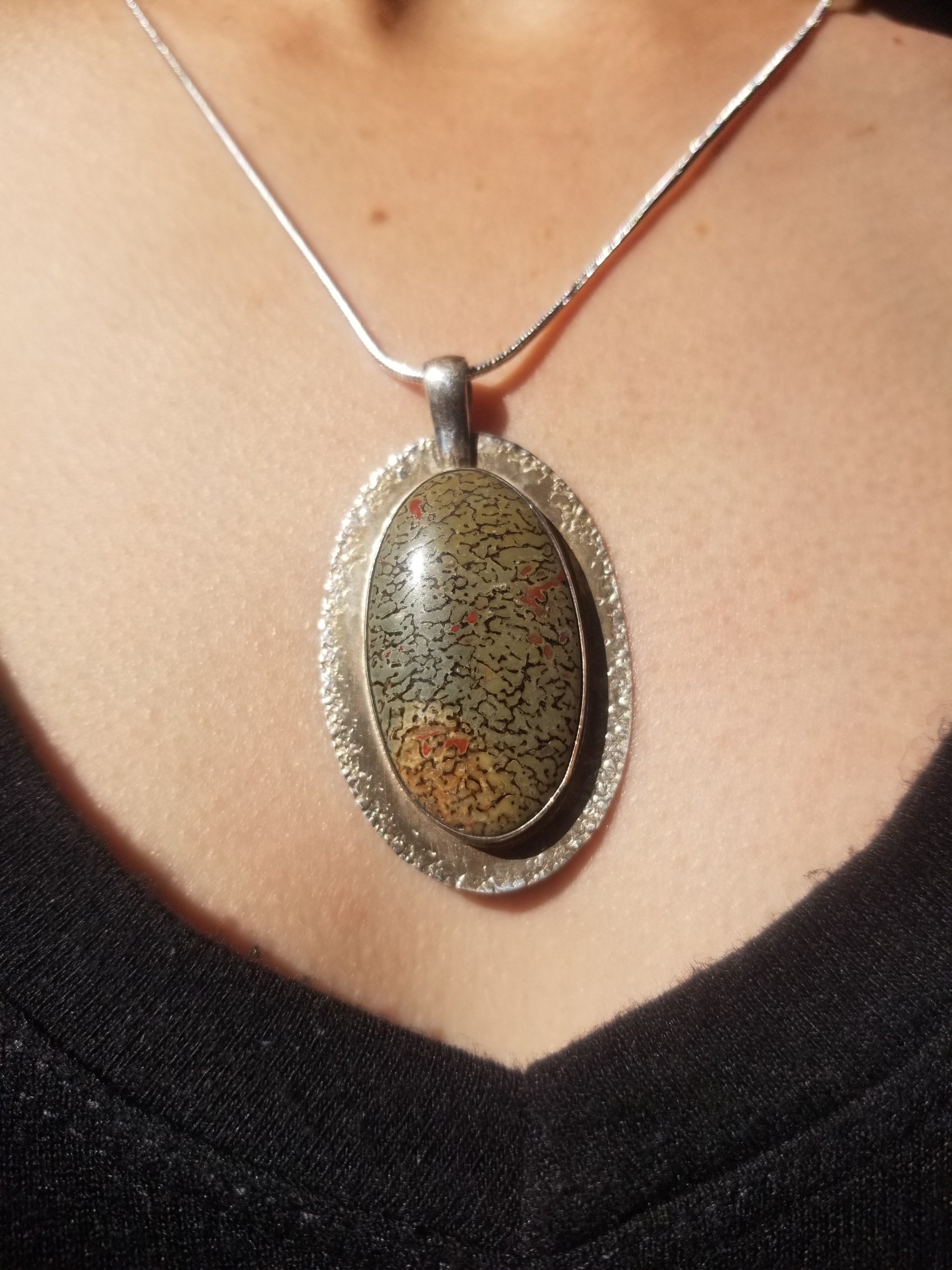 Incredible Agatized Dinosaur Gem Bone Custom Handmade Silver Pendant Artisan Jewelry - 2” x 1.25”