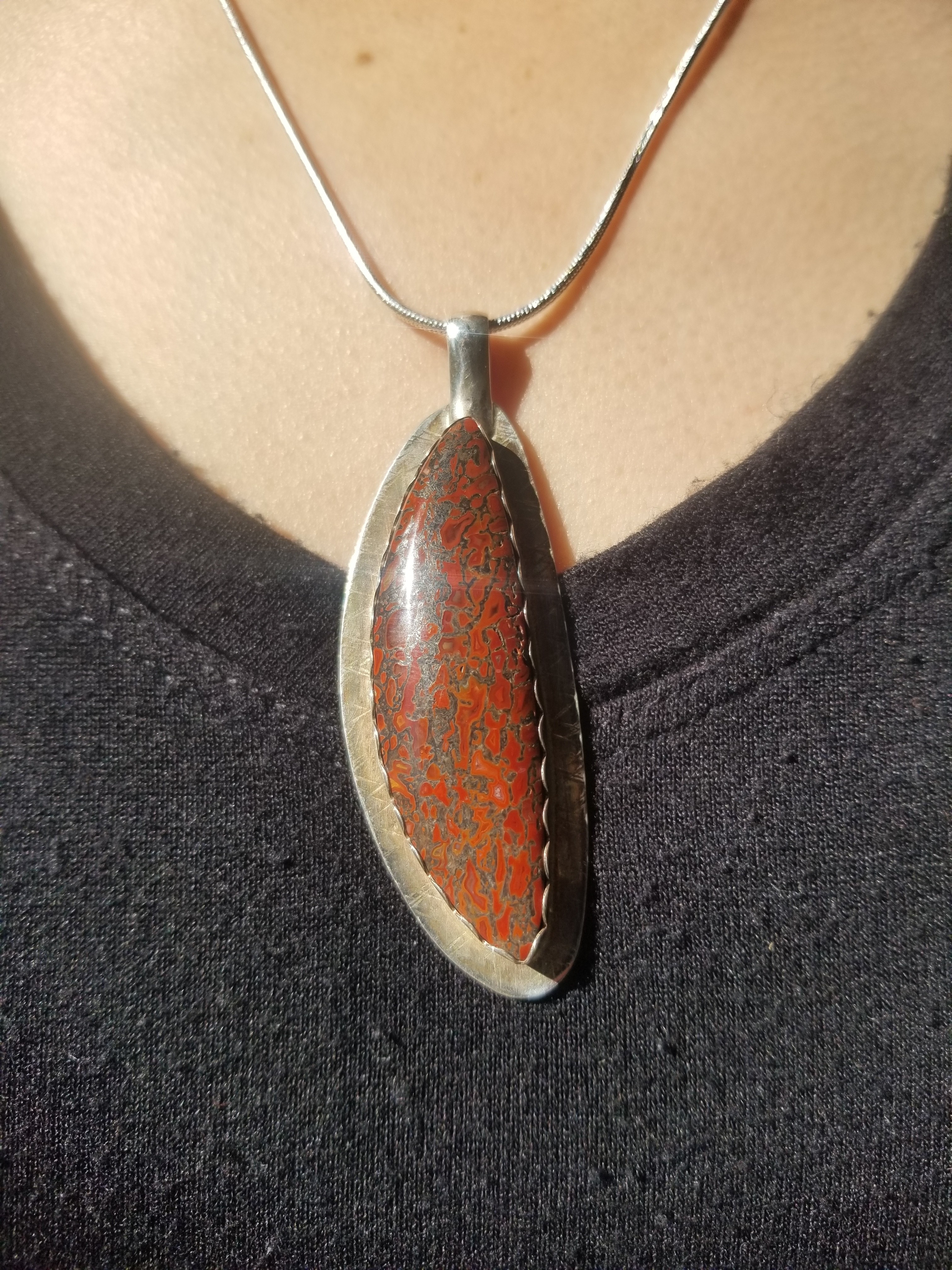Incredible Red Agatized Dinosaur Gem Bone Custom Handmade Silver Pendant Artisan Jewelry - 2.75” x 1”