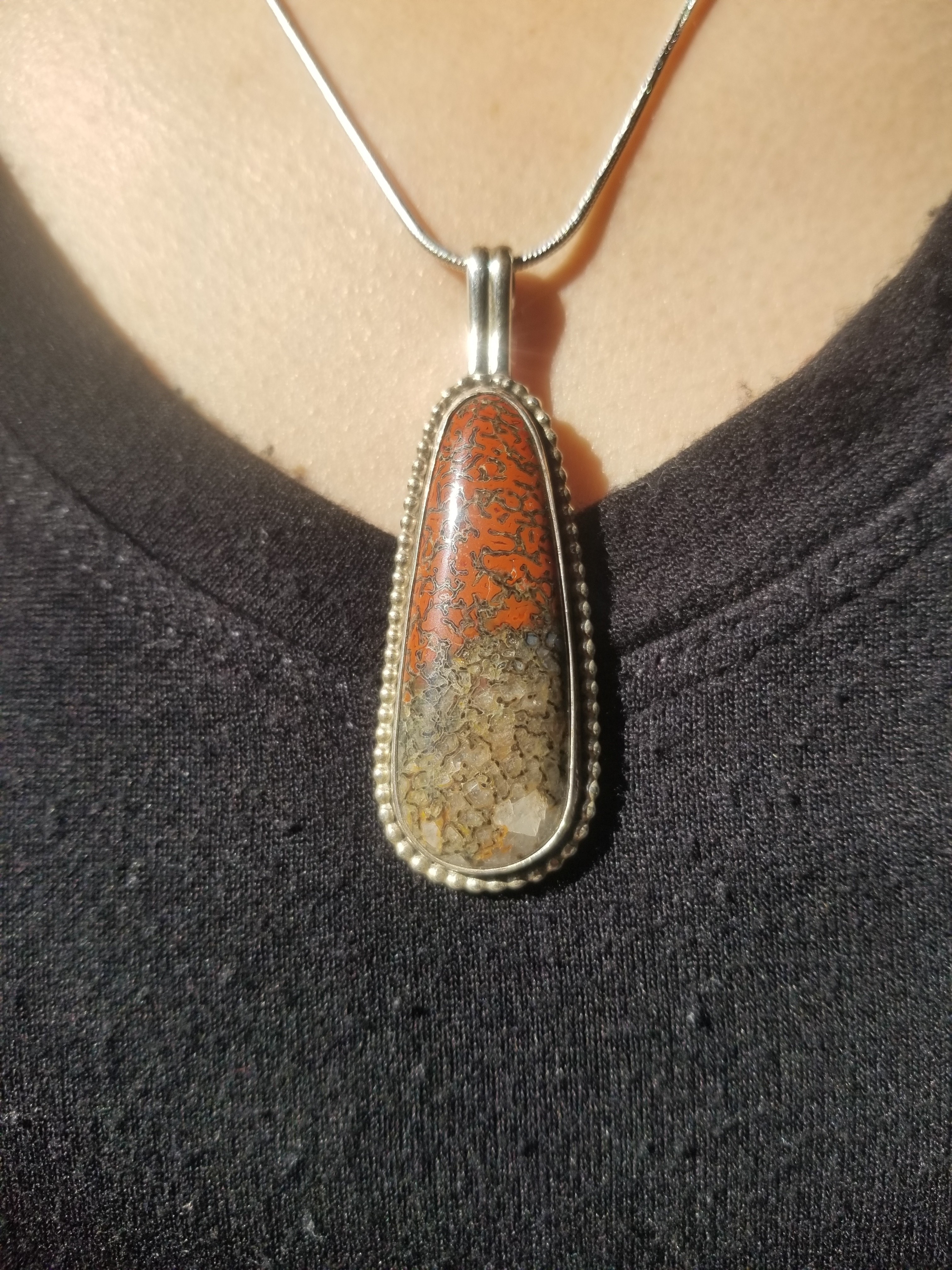 Incredible Two Tone Agatized Dinosaur Gem Bone Custom Handmade Silver Pendant Artisan Jewelry - 2.5” x 0.75”