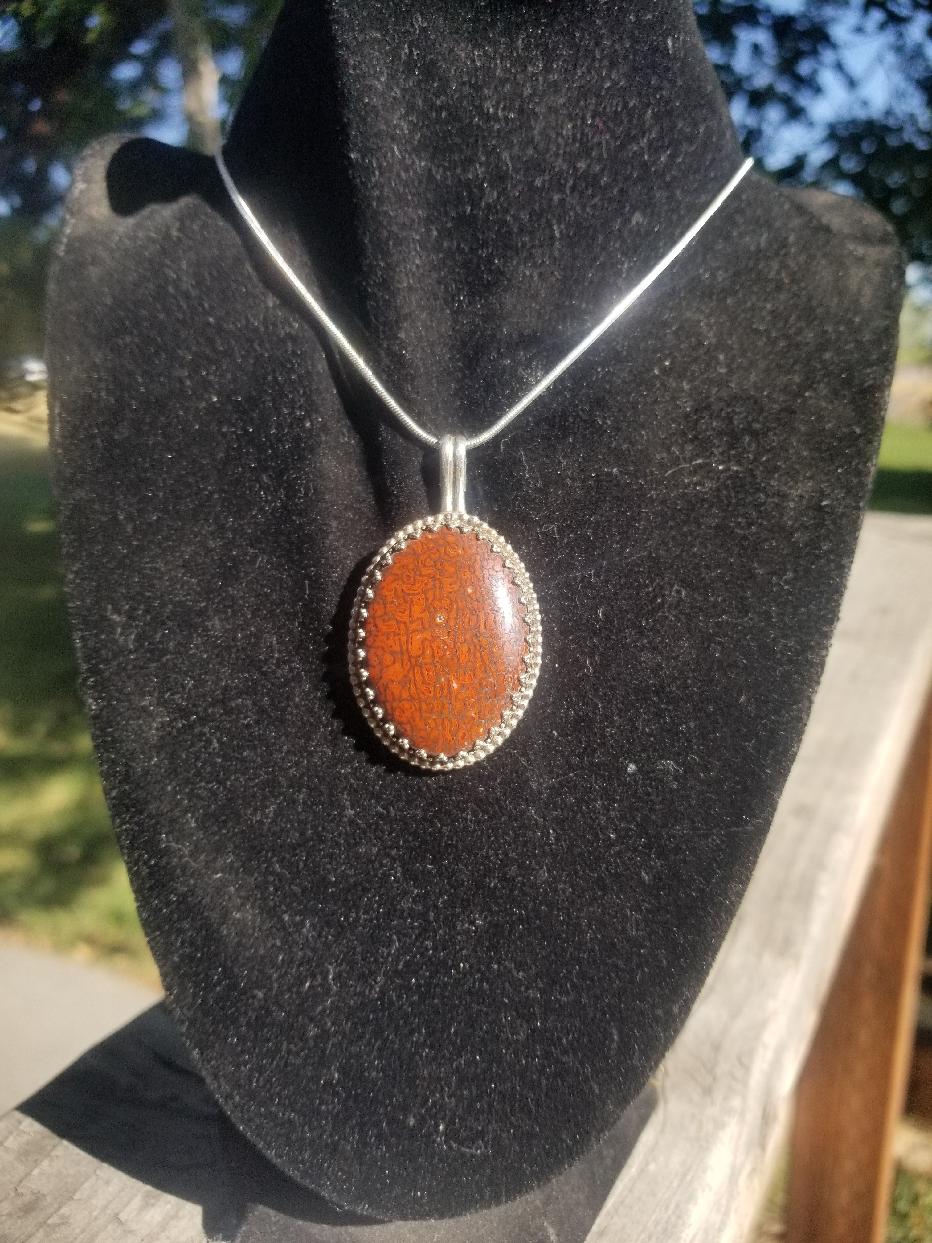 Incredible Red Large Cell Agatized Dinosaur Gem Bone Custom Handmade Silver Pendant Artisan Jewelry - 2” x 1.5”