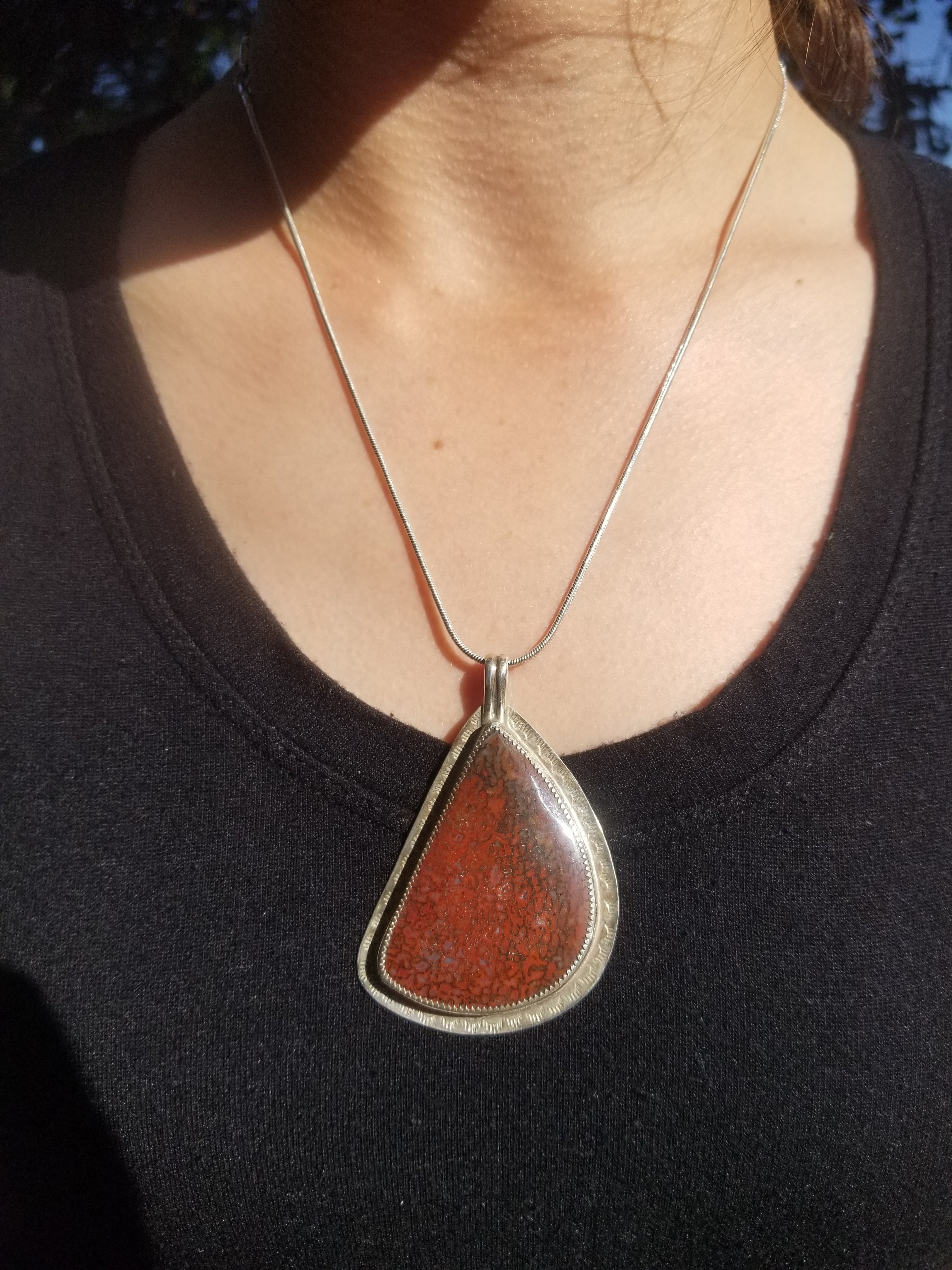 Incredible Agatized Dinosaur Gem Bone Custom Handmade Silver Pendant Artisan Jewelry - 2.5” x 1.5”